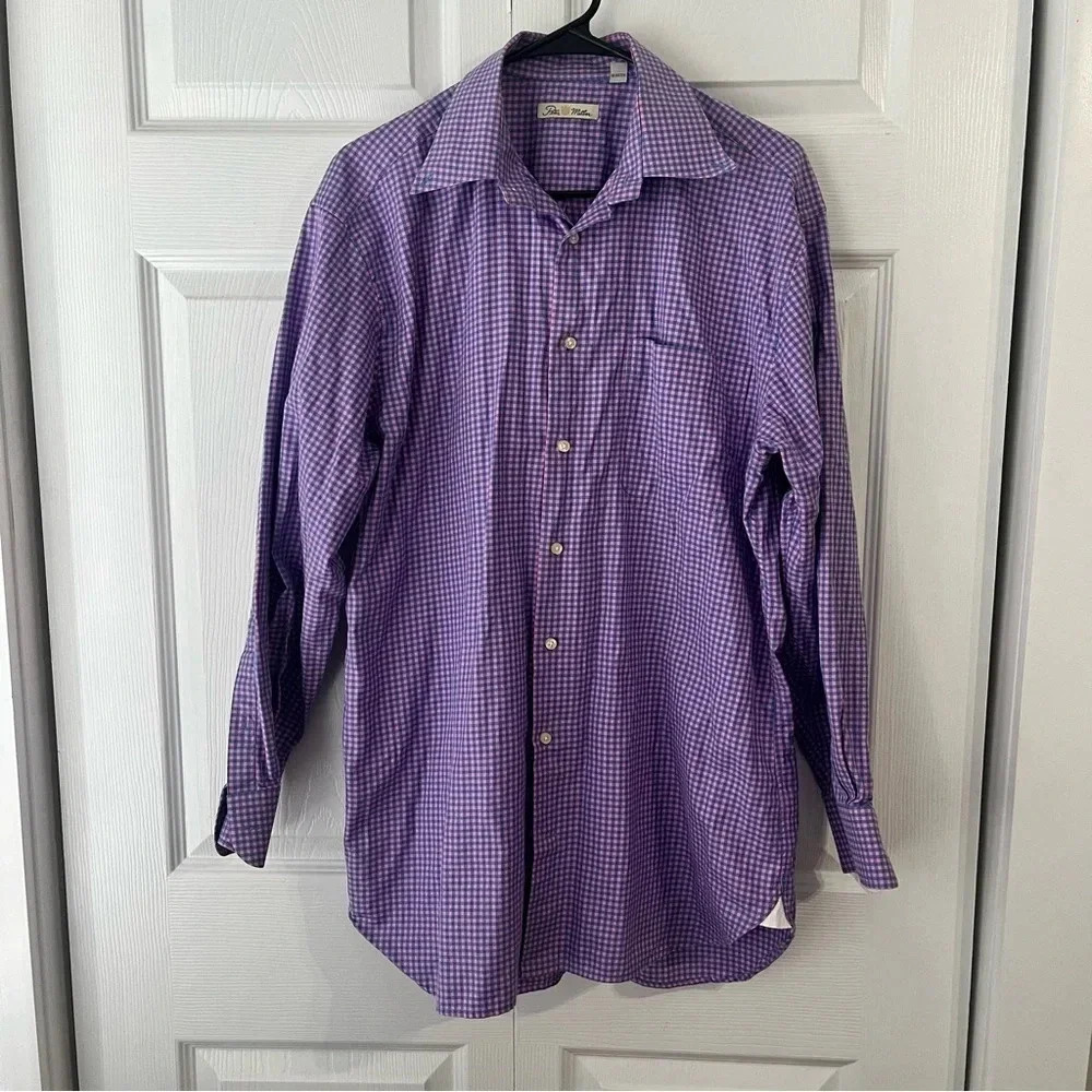 PETER MILLAR Shirt Mens Medium Multicolor Plaid Nylon Stretch Button Down Dress